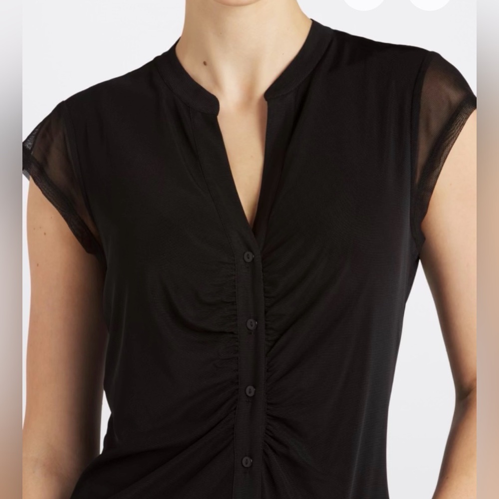 NWT La Serein Black Sheer Button Front Blouse – Ruched Front Sleeveless Sz Small